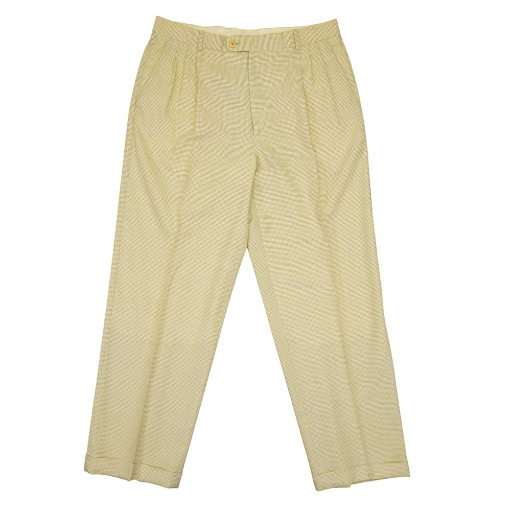 Zanella Dress Pants Mens 35 Tan Micro Check Pleated Cuffed Made in Italy